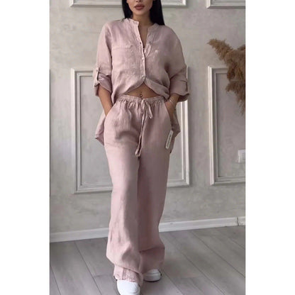 Women’s Shirt and Trousers Set – Linen Blend – Relaxed Fit – Wide Leg – Button Down Top