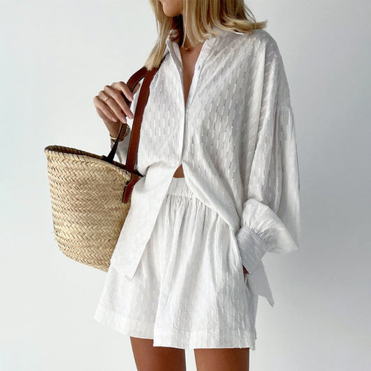 Women’s Blouse and Shorts Set – Jacquard Fabric – Relaxed Fit – Puff Sleeves – Elastic Waist