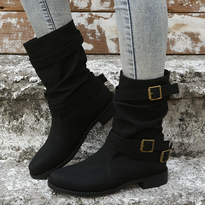 Women’s Mid-Calf Boots – Faux Leather – Buckle Straps – Low Block Heel – Casual Fit
