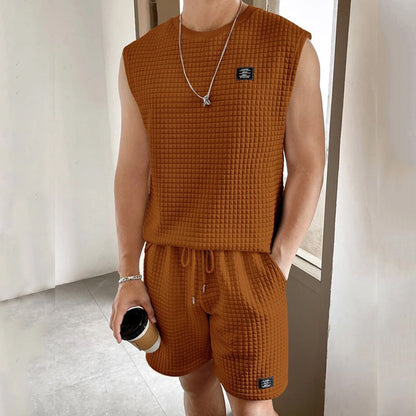 Men’s Lounge Set – Waffle Knit – Sleeveless Top and Shorts – Relaxed Fit Comfort Wear