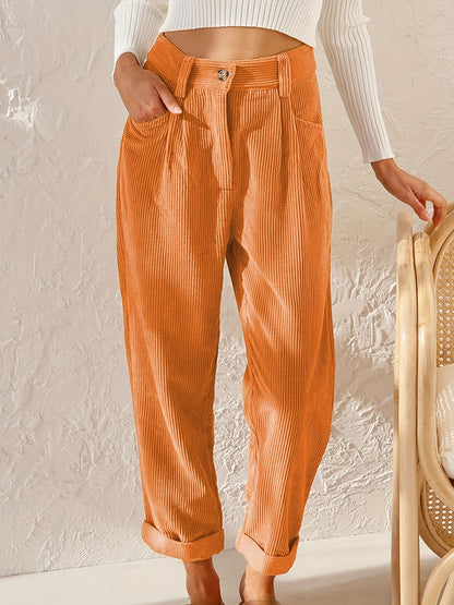 Women’s Corduroy Trousers – High Waist – Relaxed Fit – Pleated Front – Tapered Leg