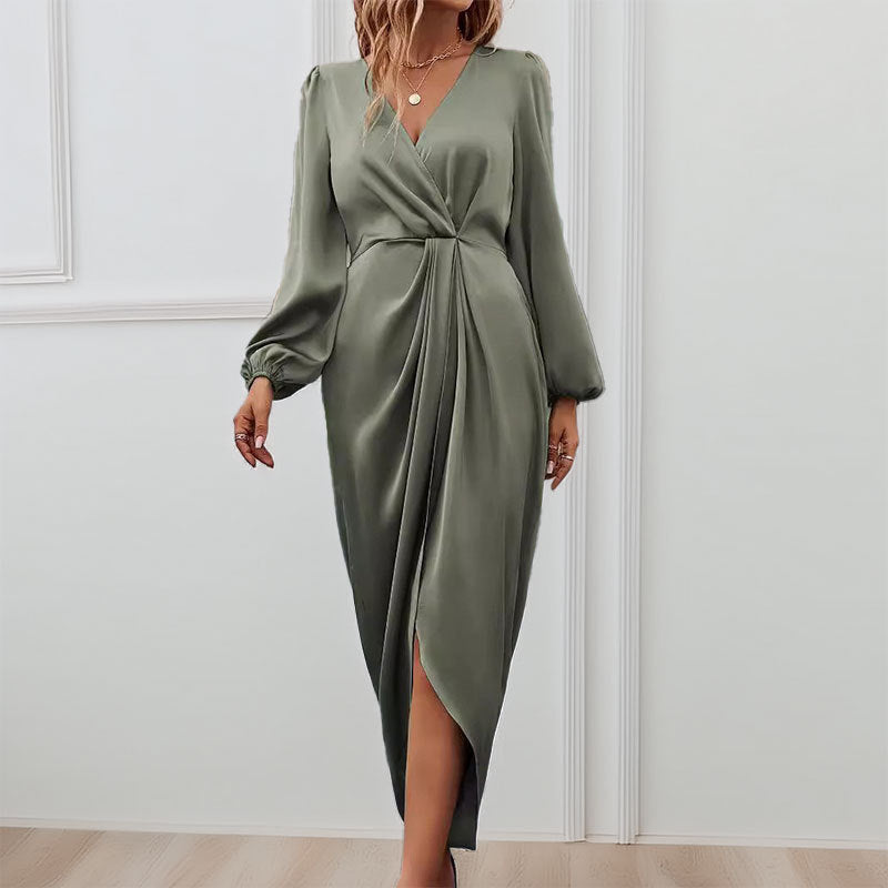 Women’s Long Sleeve Dress – Satin Finish – V-Neck – Puff Sleeve – Ruched Waist – Slit Hem