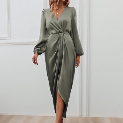 Women’s Long Sleeve Dress – Satin Finish – V-Neck – Puff Sleeve – Ruched Waist – Slit Hem