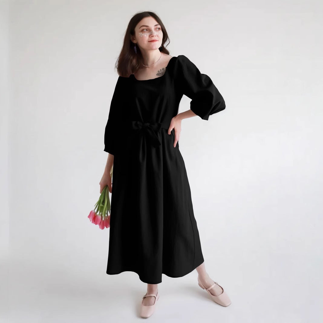 Women’s Long Sleeve Dress – Square Neck – Lightweight Cotton – Loose Fit – Midi Length