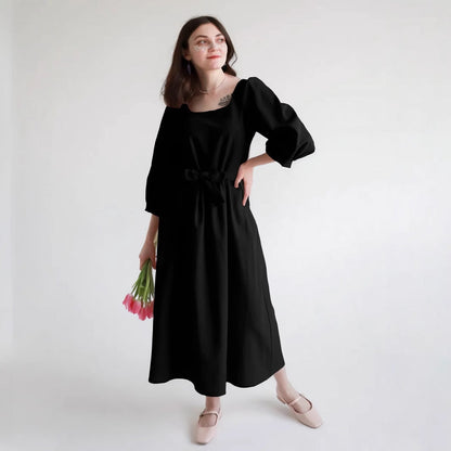 Women’s Long Sleeve Dress – Square Neck – Lightweight Cotton – Loose Fit – Midi Length