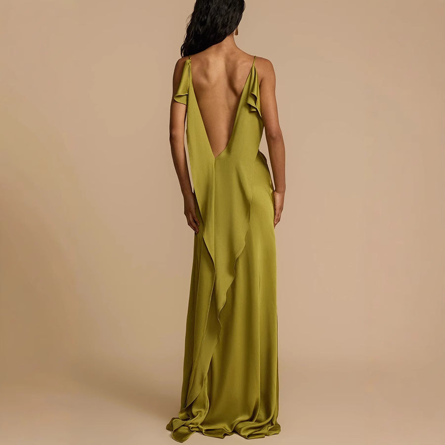 Women’s Slip Dress – Satin Finish – Cowl Neck – Spaghetti Straps – Side Slit – Full Length