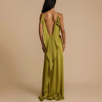 Women’s Slip Dress – Satin Finish – Cowl Neck – Spaghetti Straps – Side Slit – Full Length