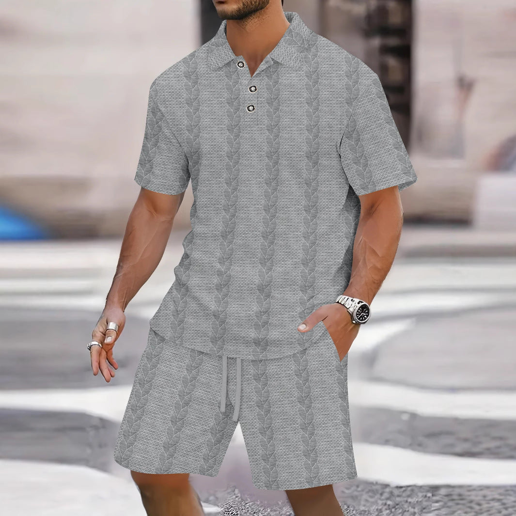 Men’s Shirt and Bermuda Shorts Set – Relaxed Fit – Knit Texture – Button Front – Polo Collar
