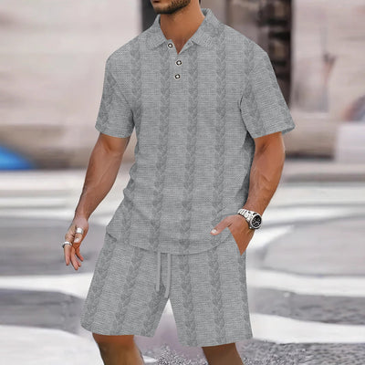 Men’s Shirt and Bermuda Shorts Set – Relaxed Fit – Knit Texture – Button Front – Polo Collar