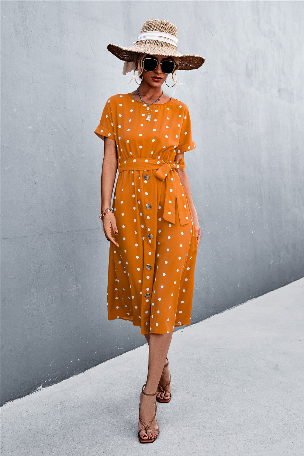 Women's Midi Dress - Polka Dot - A-Line Fit - Crew Neck - Cap Sleeve - Waist Belt