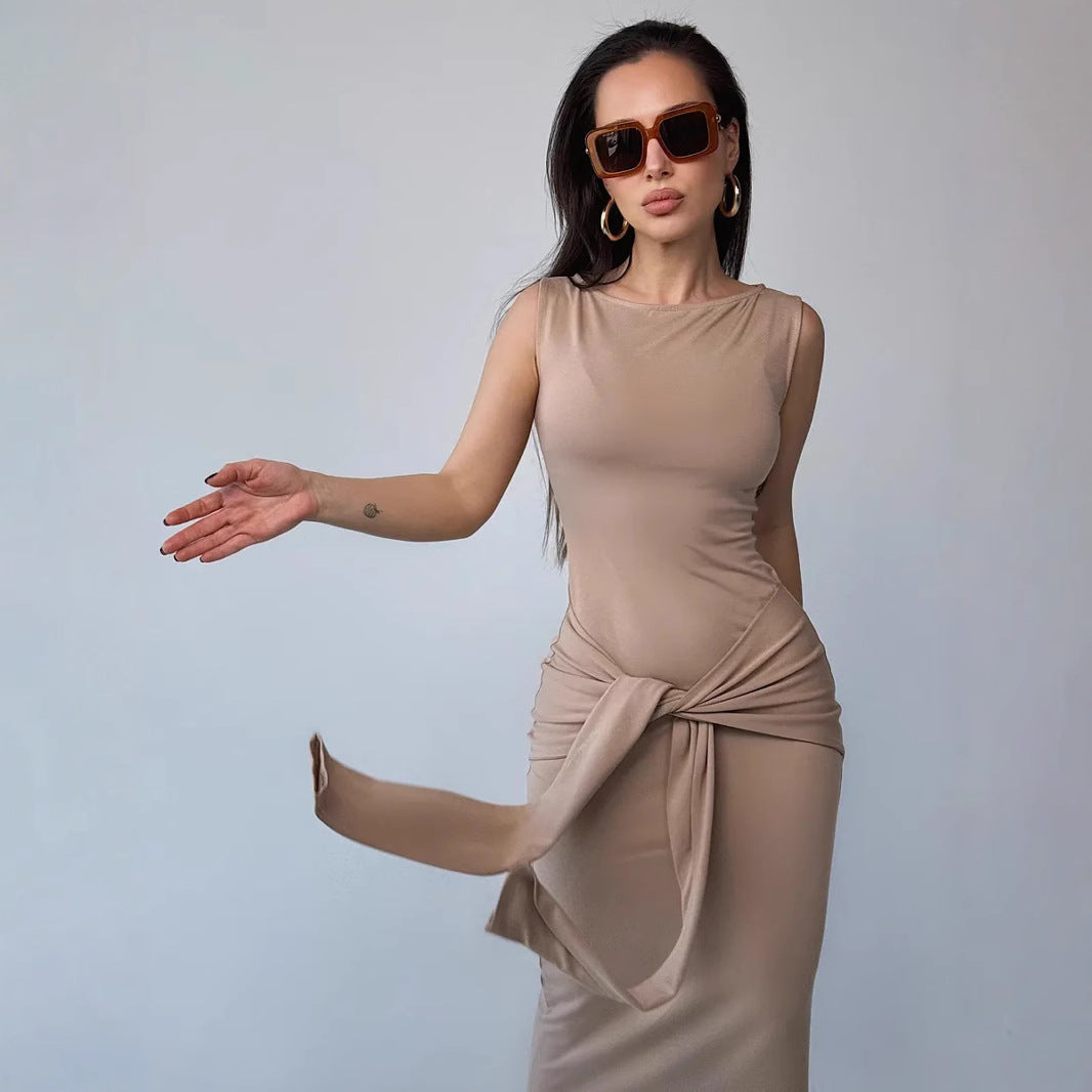 Women’s Bodycon Dress – Maxi Length – Slim Fit – Sleeveless with Waist Tie