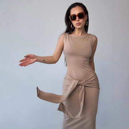 Women’s Bodycon Dress – Maxi Length – Slim Fit – Sleeveless with Waist Tie