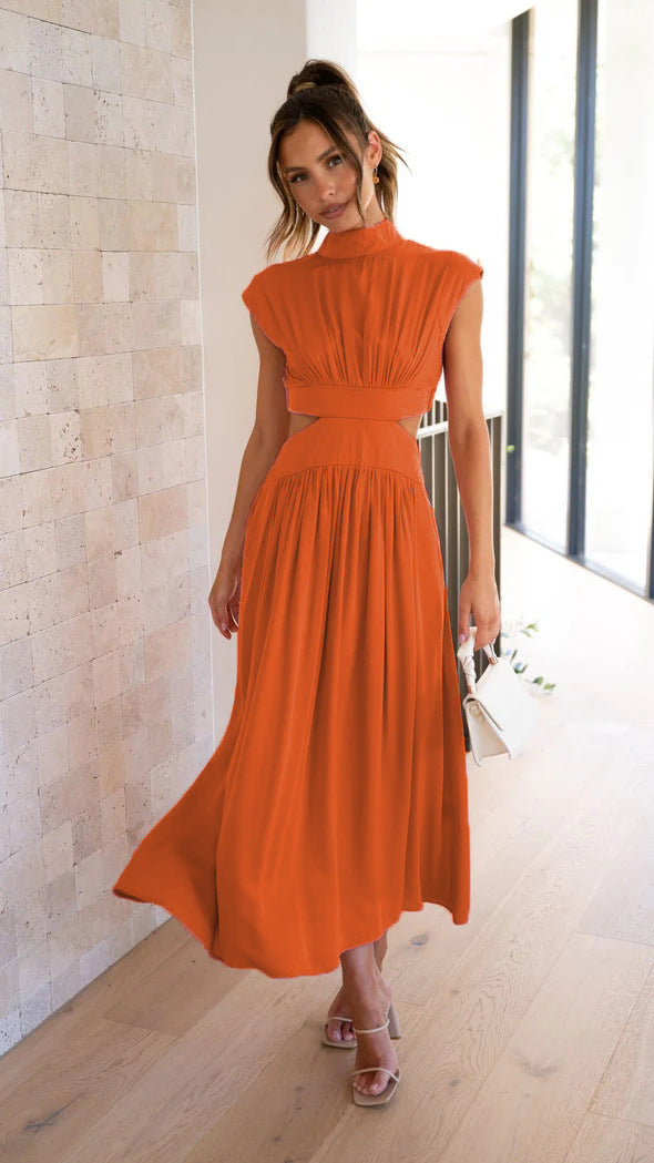 Women's Summer Stand Collar Mid Dress - Waist-Baring Design - Macaron Color