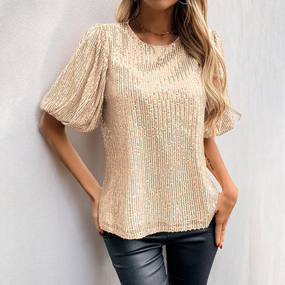 Women’s Sequin T-Shirt – Relaxed Fit – Bell Sleeves – Round Neck Party Wear