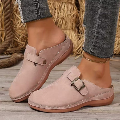 Women’s Wedge Mule Sandals – Closed Toe – Faux Leather – Buckle Detail – Cushioned Sole