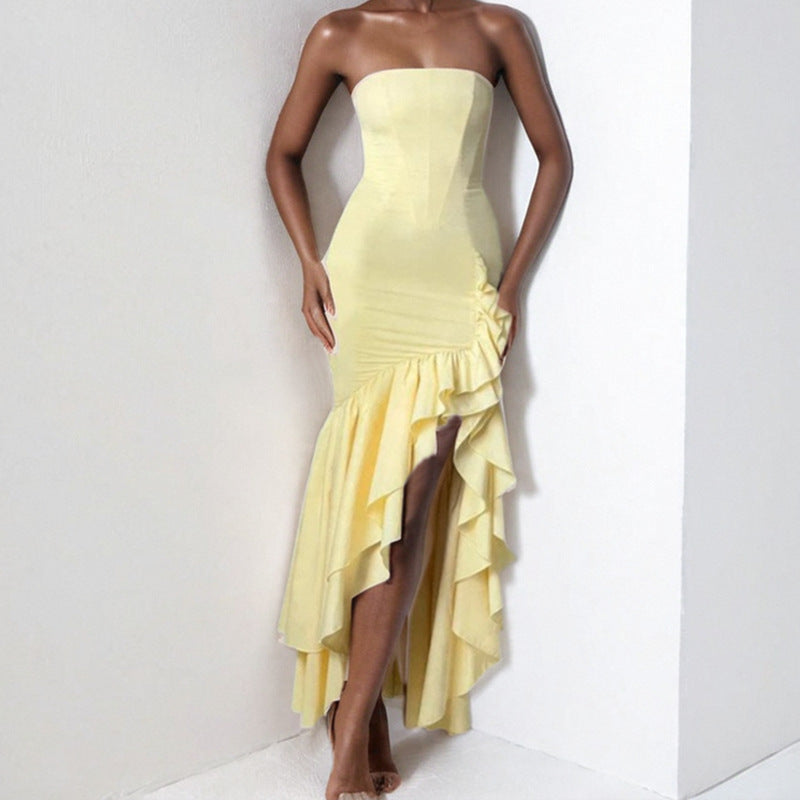 Women’s Strapless Dress – Slim Fit – Satin Feel – Asymmetrical Ruffle Hem – Formal Wear