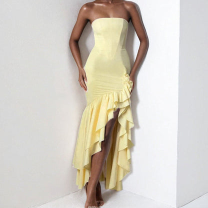 Women’s Strapless Dress – Slim Fit – Satin Feel – Asymmetrical Ruffle Hem – Formal Wear