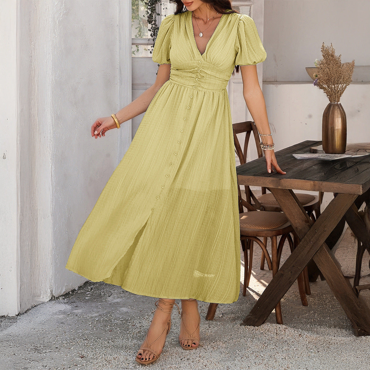 Women’s Maxi Dress – V-Neck – High Waist – Puff Sleeve – Front Slit – Button Detail