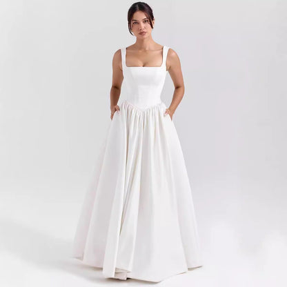 Women’s Maxi Dress – Breathable Cotton – A-Line Fit – Square Neck – Wide Straps