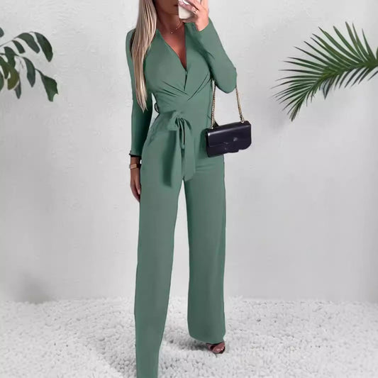 Women’s Jumpsuit – V-Neck Wrap Style – Long Sleeve – Wide Leg – Tailored Fit – Soft Fabric
