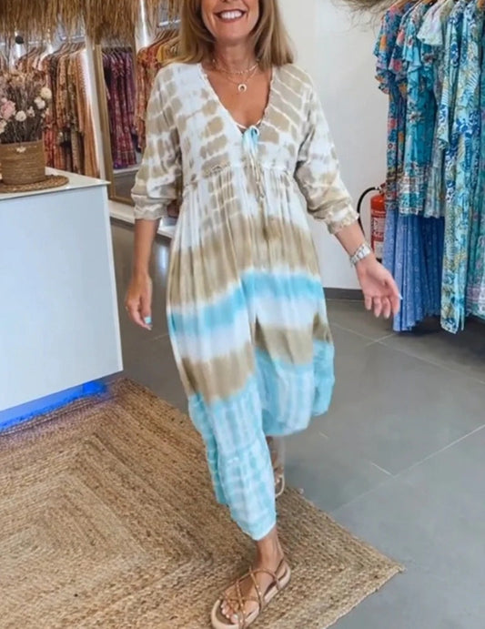 Women’s Kaftan Dress – Relaxed Fit – Natural Fibers – V-Neck – Tie-Dye – Midi Length