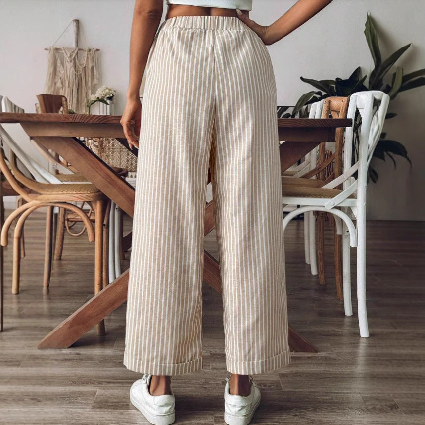 Women’s Wide-Leg Trousers – Cotton Blend – Relaxed Fit – Striped – Drawstring Waist