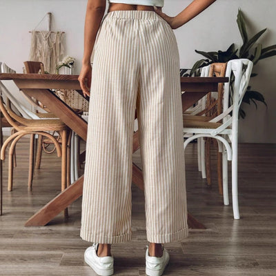 Women’s Wide-Leg Trousers – Cotton Blend – Relaxed Fit – Striped – Drawstring Waist