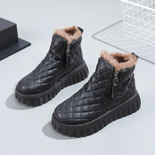 Women’s Ankle Boots – Quilted Upper – Faux Fur Lining – Side Zip Platform Sole