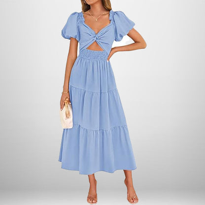 Women’s Long Dress – V-Neck – Puff Sleeve – Smocked Waist – Tiered A-Line Skirt
