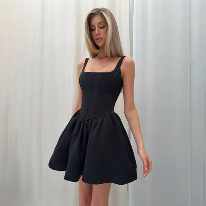 Women’s Mini Dress – Satin – Slim Fit – Square Neck – Fishbone Bodice – Sleeveless