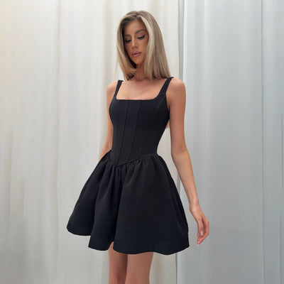 Women’s Mini Dress – Satin – Slim Fit – Square Neck – Fishbone Bodice – Sleeveless