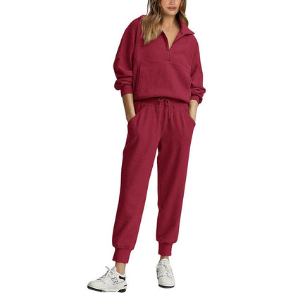 Women’s Tracksuit Set – Ribbed Fabric – Relaxed Fit – Half Zip Top – Drawstring Joggers