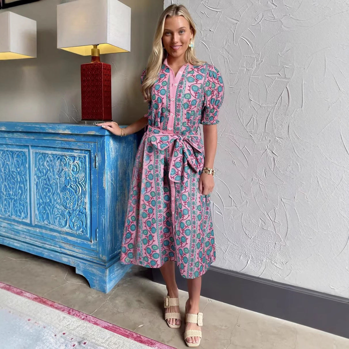 Women’s Midi Dress – Floral Print – Belted Waist – Puff Sleeve – Button Front