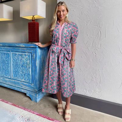 Women’s Midi Dress – Floral Print – Belted Waist – Puff Sleeve – Button Front