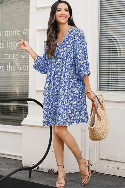 Women’s Midi Dress – V-Neck – Lantern Sleeve – Relaxed Fit – Bohemian Floral Print
