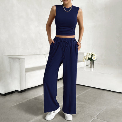 Women’s 2-Piece Set – Sleeveless Crop Top – Wide-Leg Pants – Lightweight Stretch Fabric