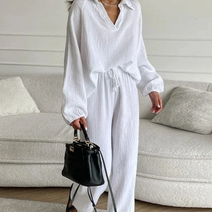 Women’s Lounge Set – Relaxed Fit – V-Neck Top with Collar – Drawstring Straight-Leg Pants