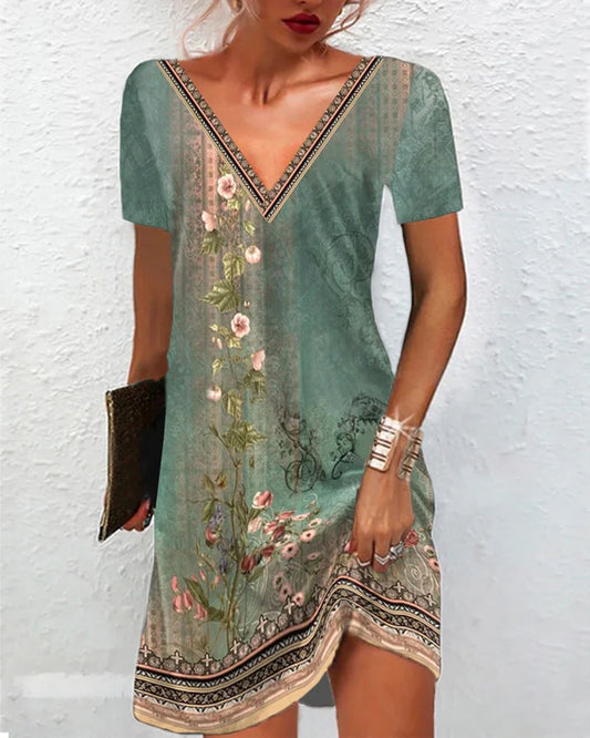 Women's A-Line Dress - V-Neck - Short Sleeve - Boho Floral Print