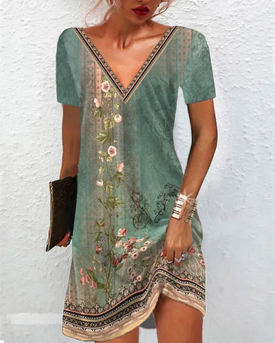 Women's A-Line Dress - V-Neck - Short Sleeve - Boho Floral Print