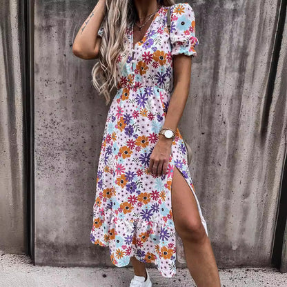 Women’s Maxi Dress – High Waist – V-Neck – Short Sleeve – Floral Print – Side Slit