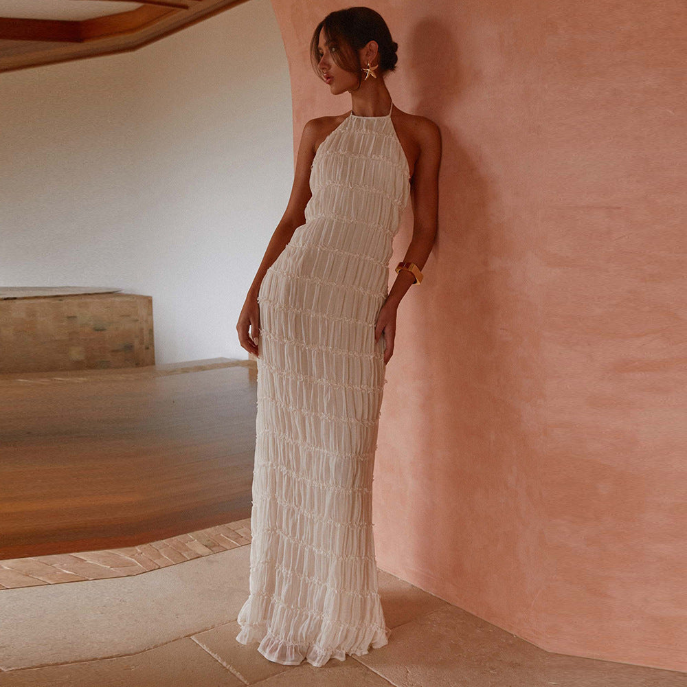 Women’s Maxi Dress – Halter Neck – Ruched Detail – Open Back – Formal Evening Wear