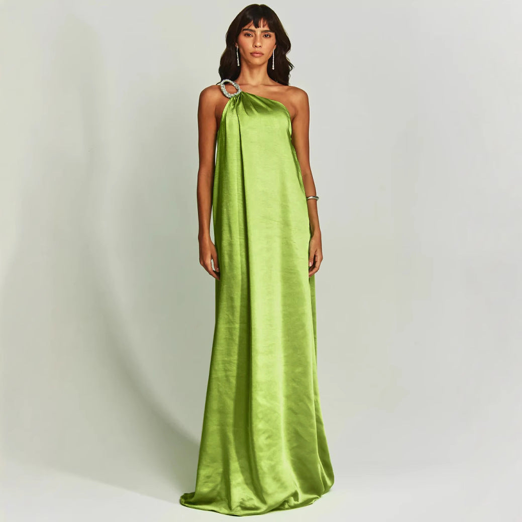 Women’s Evening Dress – Satin One Shoulder – Loose Fit – Embellished Ring – Full Length