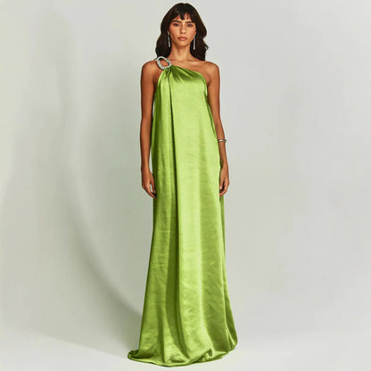 Women’s Evening Dress – Satin One Shoulder – Loose Fit – Embellished Ring – Full Length