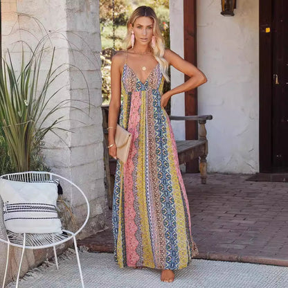 Women’s Maxi Dress – Cotton Blend – Relaxed Fit – V-Neck – Open Back – Printed