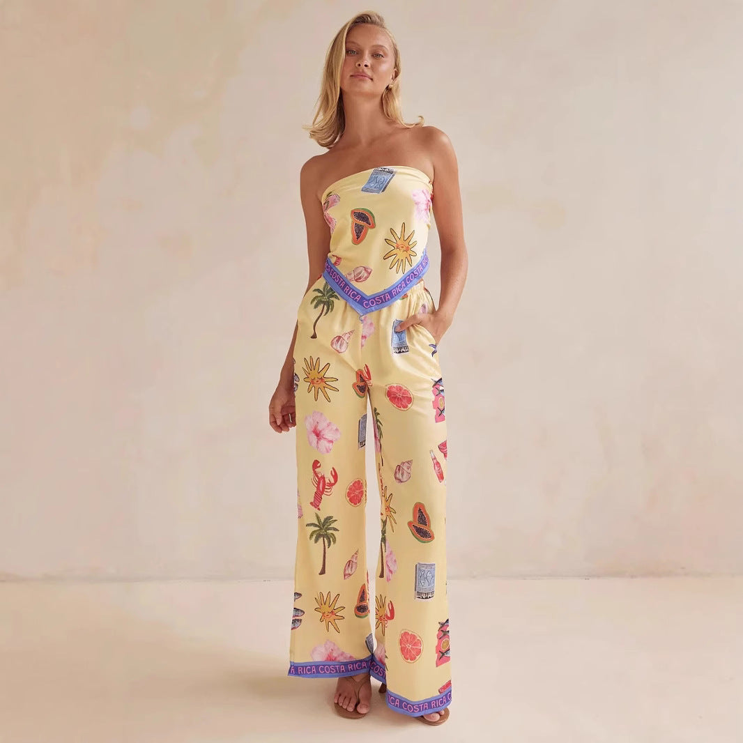 Women’s Two-Piece Set – Strapless Satin Top – Wide-Leg Pants – Printed Relaxed Fit