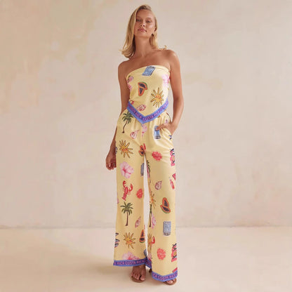 Women’s Two-Piece Set – Strapless Satin Top – Wide-Leg Pants – Printed Relaxed Fit