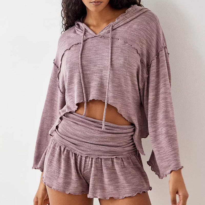 Women’s Two-Piece Set – Cropped Long Sleeve Top – High Waist Flowy Shorts – Lightweight Breathable
