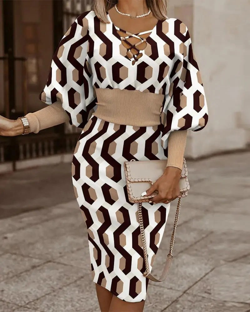 Women’s Bodycon Dress – Crisscross V-Neck – Long Sleeve – Plaid Midi – Waist Cinching