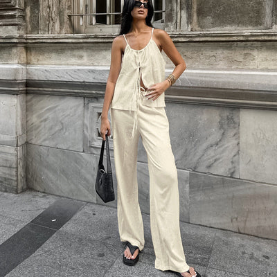 Women’s Two-Piece Set – Linen Blend – Tie-Front Crop Top – Wide-Leg High-Waist Trousers