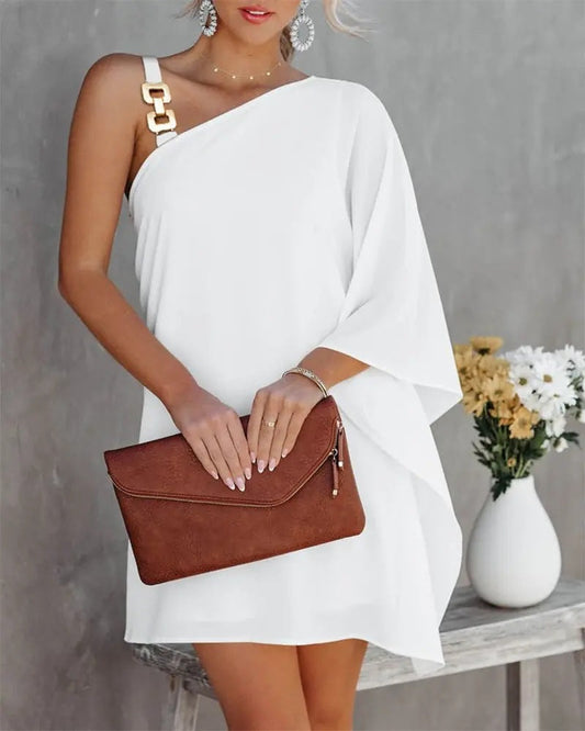 Women’s Off-Shoulder Dress – Relaxed Fit – Batwing Sleeves – Metal Strap – Knee Length